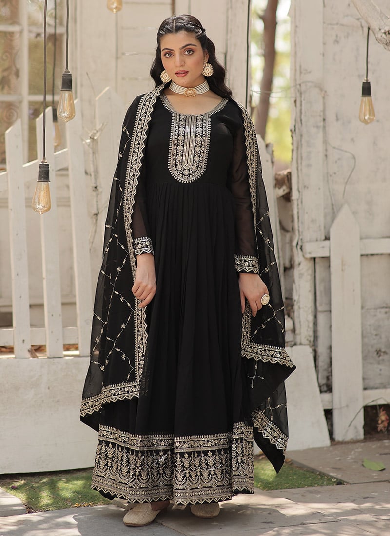Anarkali Gown In Black Georgette Sequins And Dupatta For Classy Women Party Wear
