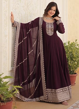 Anarkali Gown In Full Sleeve Wine Georgette Sequins Cord Work With Dupatta
