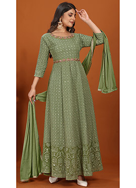 Anarkali Gown Pista Green Faux Georgette Embroidered Sequins With Dupatta