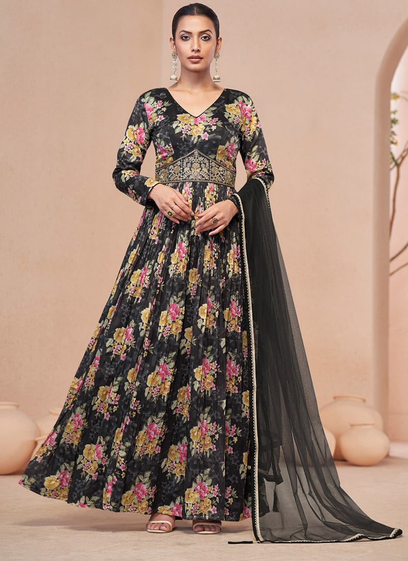 Anarkali Gown With Dupatta In Black Silk Floral Digital Print Hand Work Party Wear
