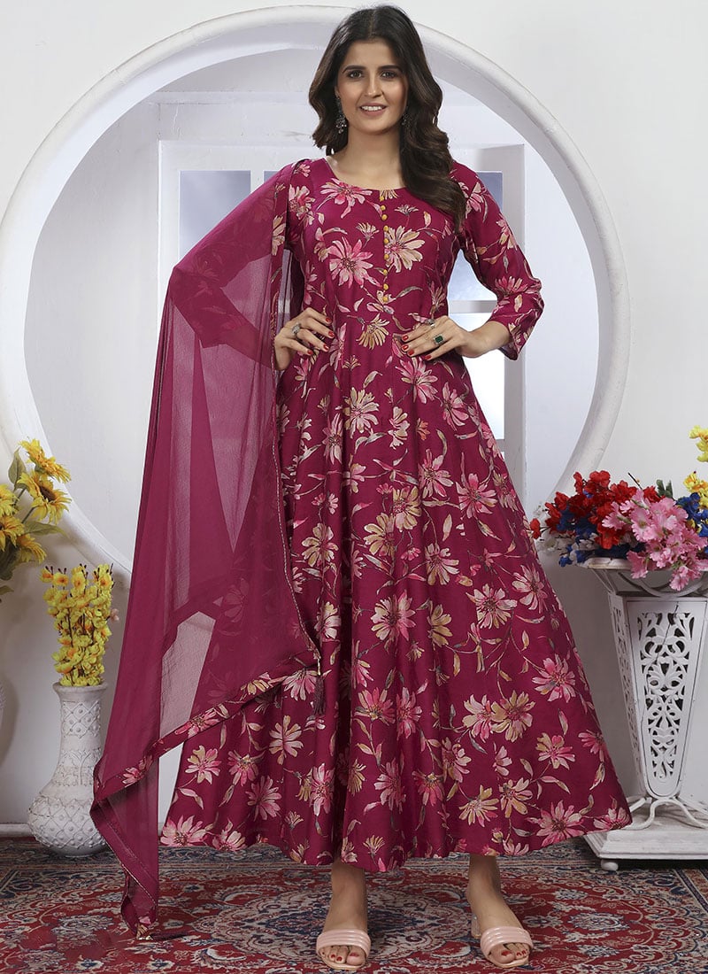 Anarkali Gown With Nazmin Dupatta In Burgundy Chanderi Silk Printed After Six Wear