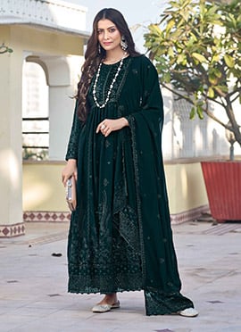 Anarkali Suit Green With Sequins Embroidered