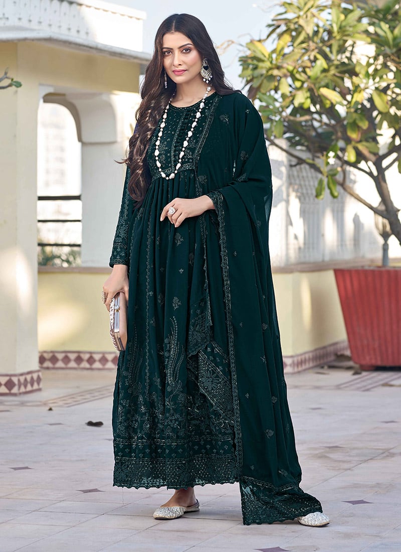 Anarkali Suit Green With Sequins Embroidered Party Wear