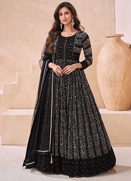 Anarkali Suit In Black Faux Georgette Embroidered For Indian Women