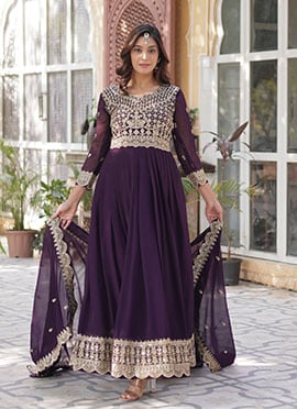 Anarkali Suit In Purple Faux Georgette Zari Embroidered Sequins