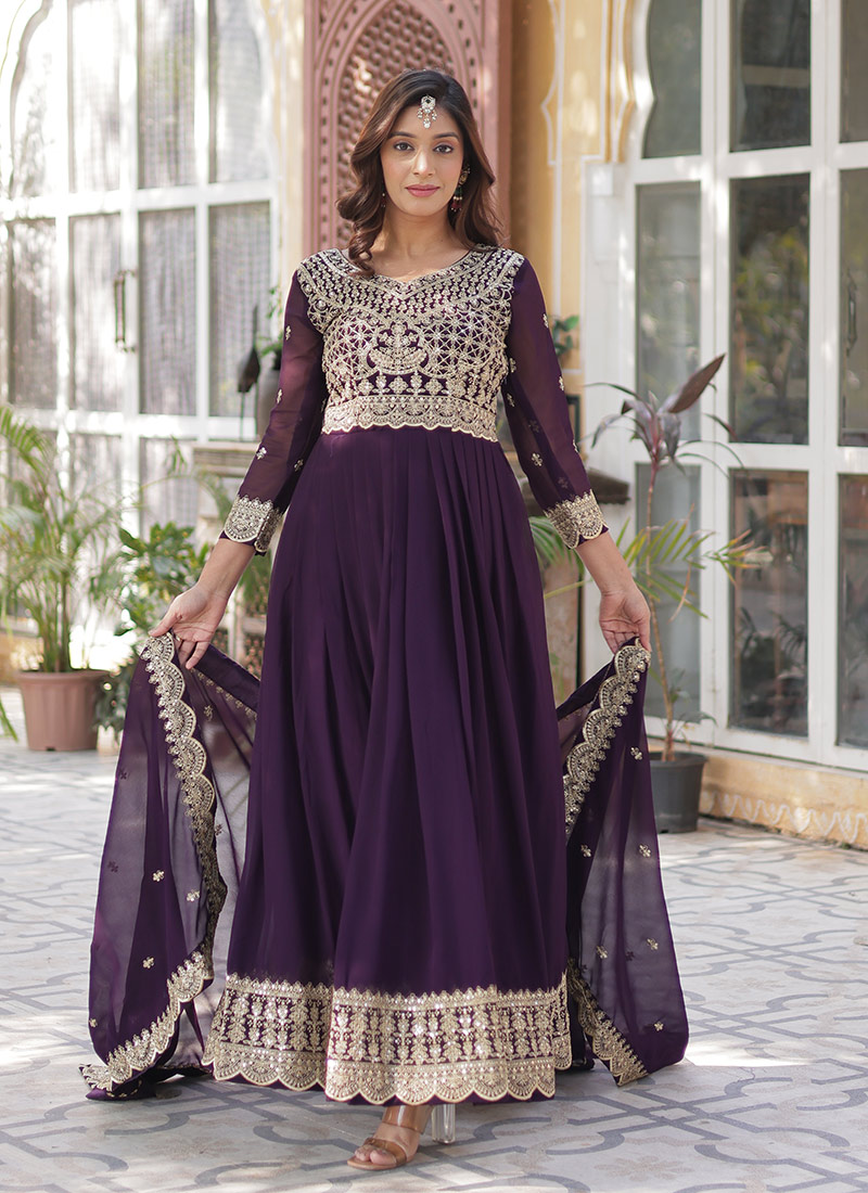 Anarkali Suit In Purple Faux Georgette Zari Embroidered Sequins Festive Wear