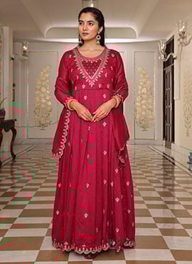 Anarkali Suit In Rani Pink Silk With Embroidered Sequins