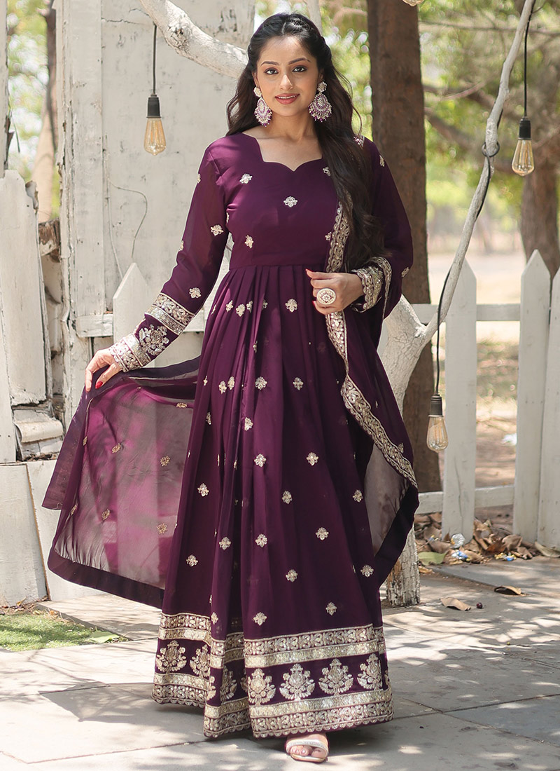 Wine Faux Georgette Pant Anarkali main image 1