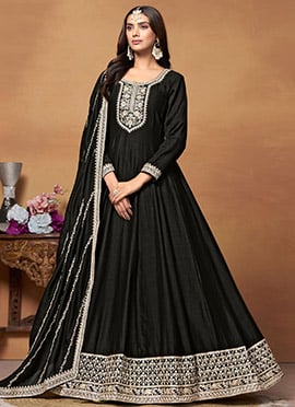 Anarkali Suit Indian Women In Black Silk Embroidered Sequins And Dupatta