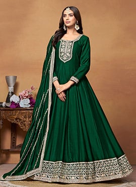 Anarkali Suit Indian Women In Green Silk Embroidered Sequins And Dupatta