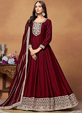 Anarkali Suit Indian Women In Maroon Silk Embroidered Sequins And Dupatta
