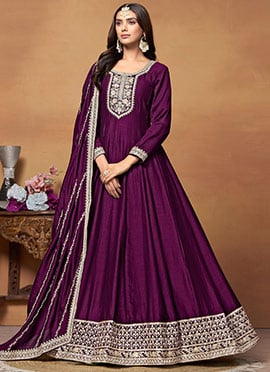 Anarkali Suit Indian Women In Purple Silk Embroidered Sequins And Dupatta