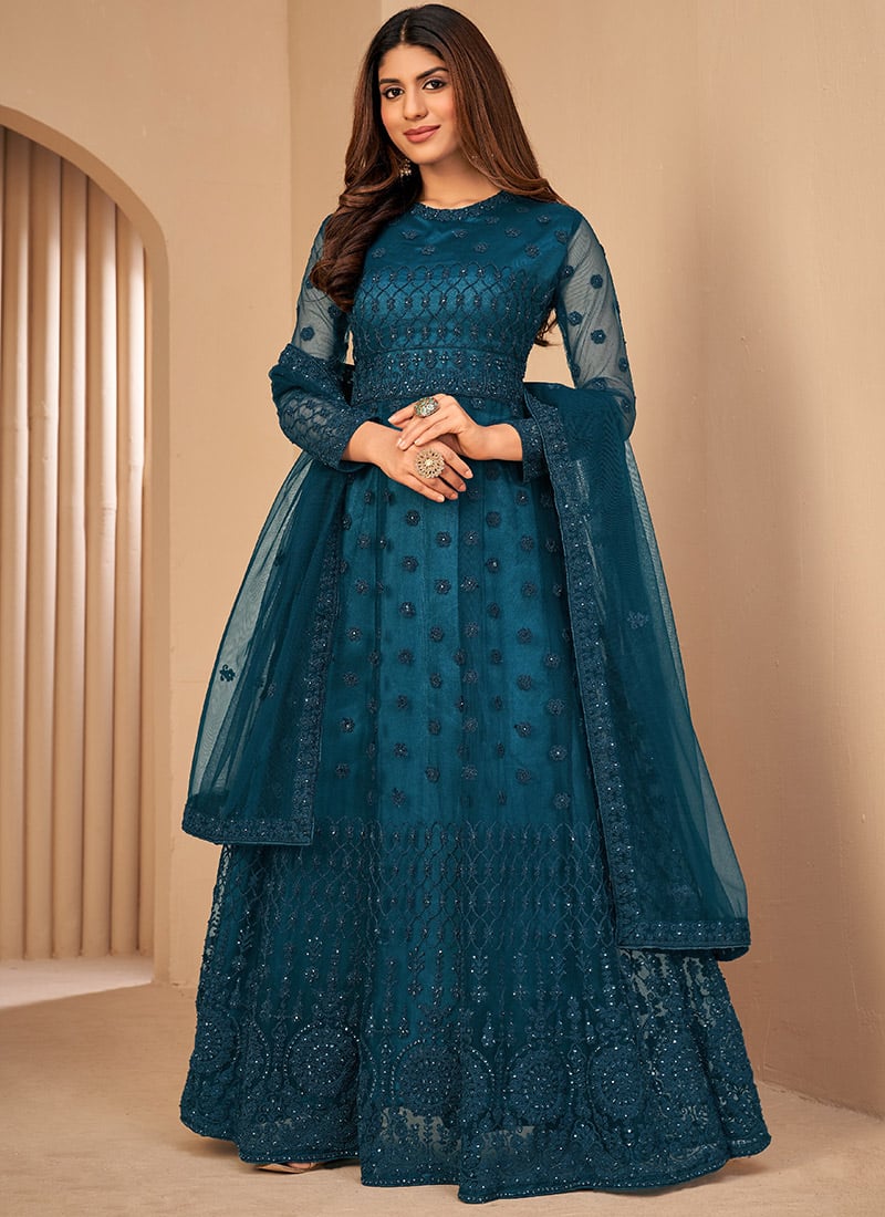 Anarkali Suit Net Rama Blue Embroidery Work