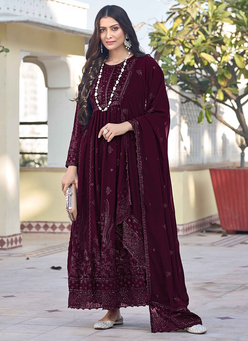 Anarkali Suit Wine With Sequins Embroidered Party Wear
