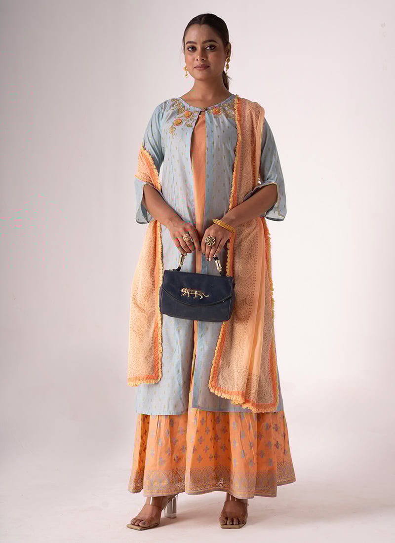 Anarkali Suit With Jacket And Dupatta in Peach Silk Printed Embroidered Party Wear