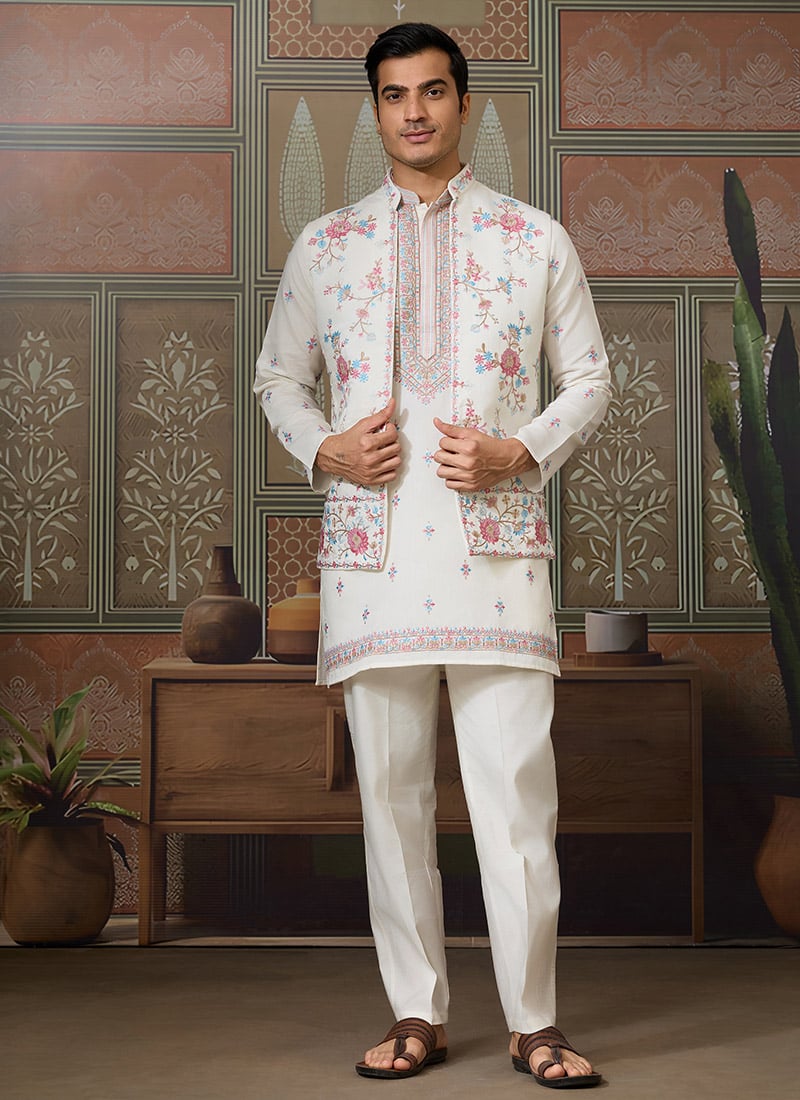 Angelic White Viscose Silk Embbroidered Sequins Thread Bandi Set Wedding Wear