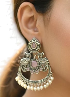 Antique Silver Plated Kundan Moti Oxidised Chaand Bali