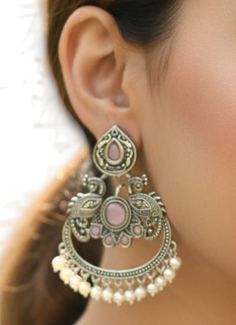 Antique Silver Plated Kundan Moti Oxidised Chaand Bali Festive Wear