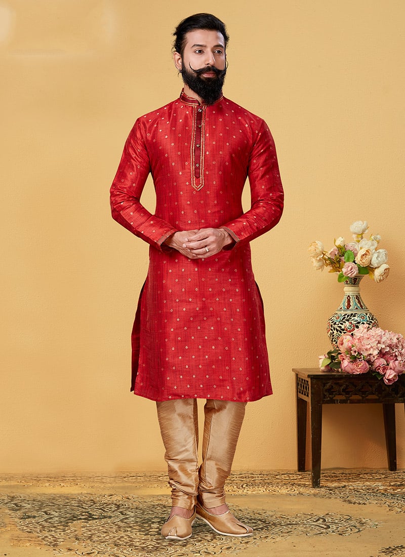 Apple Red Jacquard Silk Kurta Pyjama