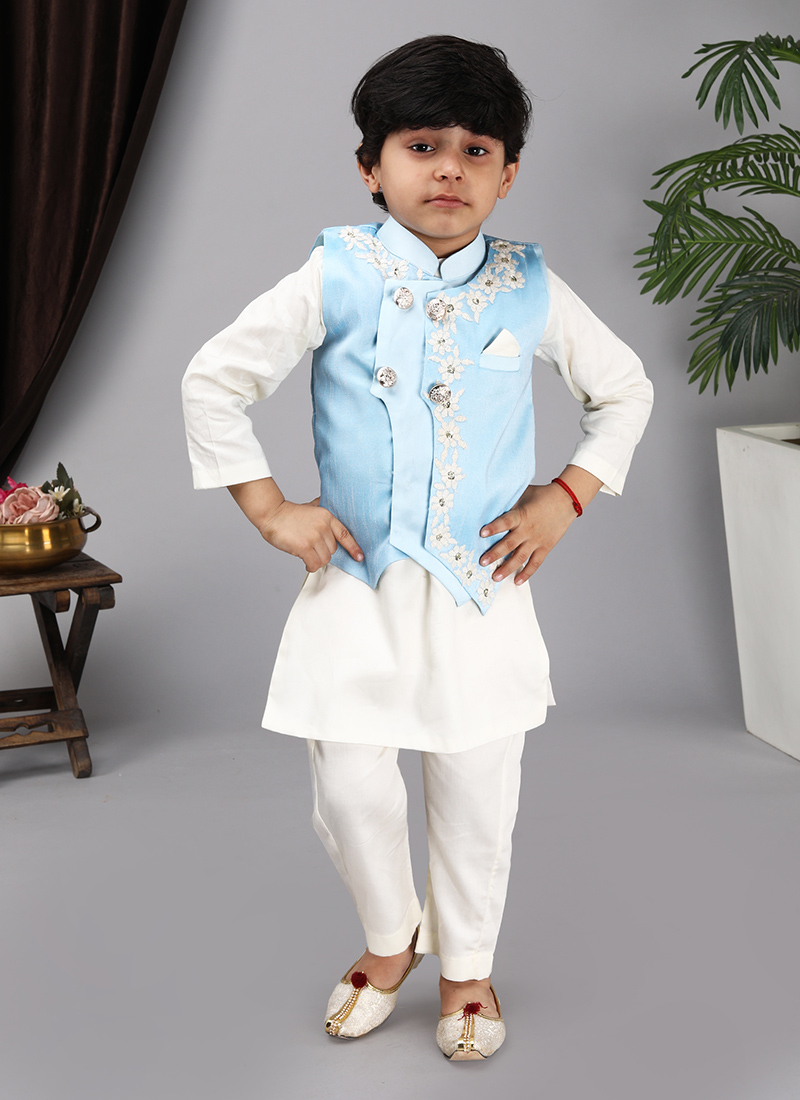Aqua Blue Art Silk Embroidered Bandi Set Party Wear