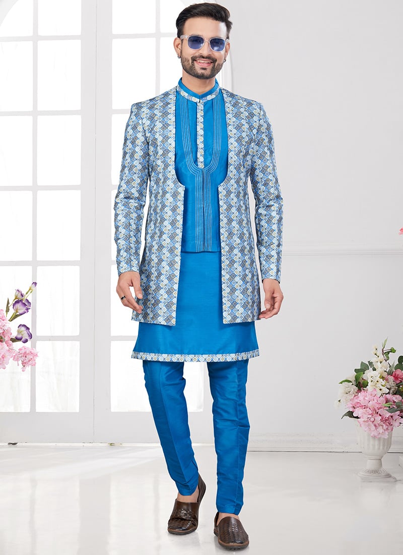 Aqua Blue Banarasi Silk Digital Print Indowestern Sherwani Wedding Wear