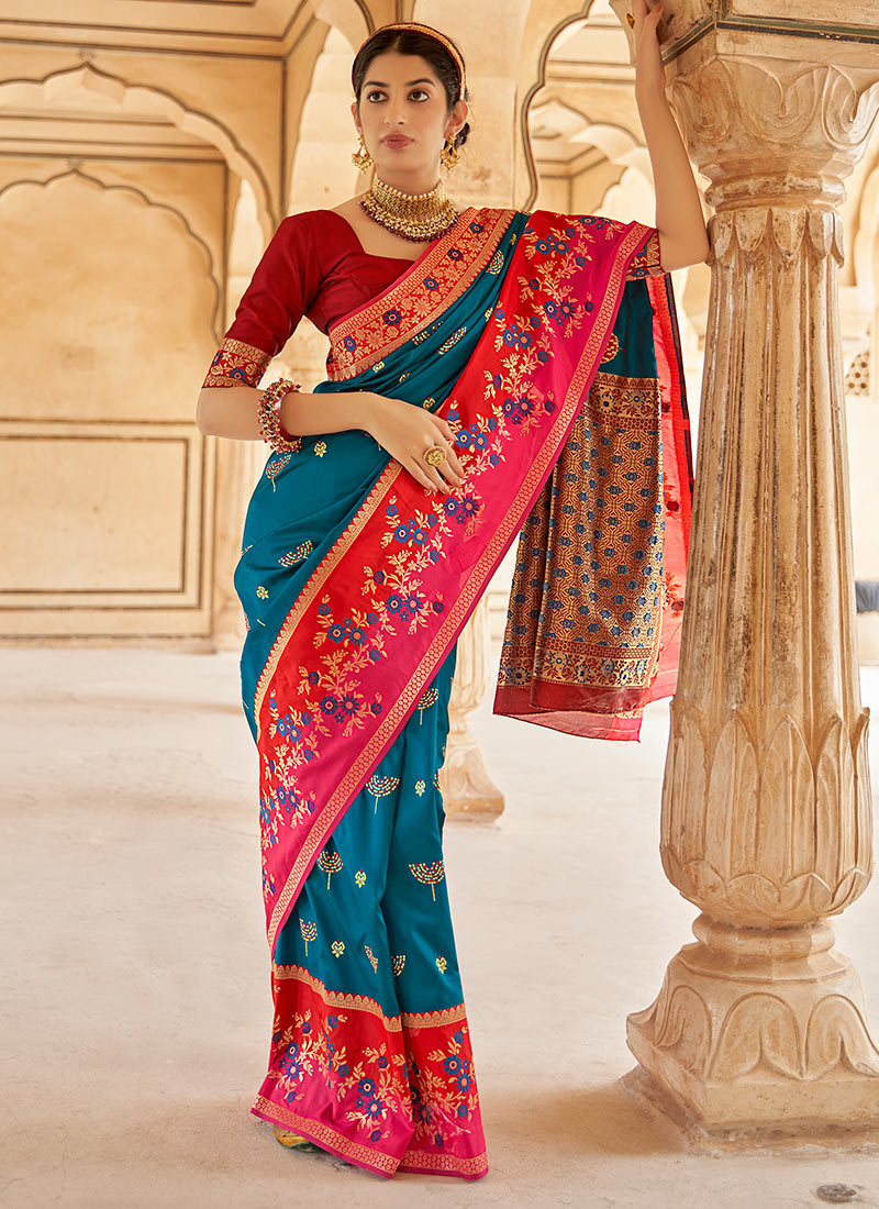 Aqua Blue Banarasi Silk Weaving Saree