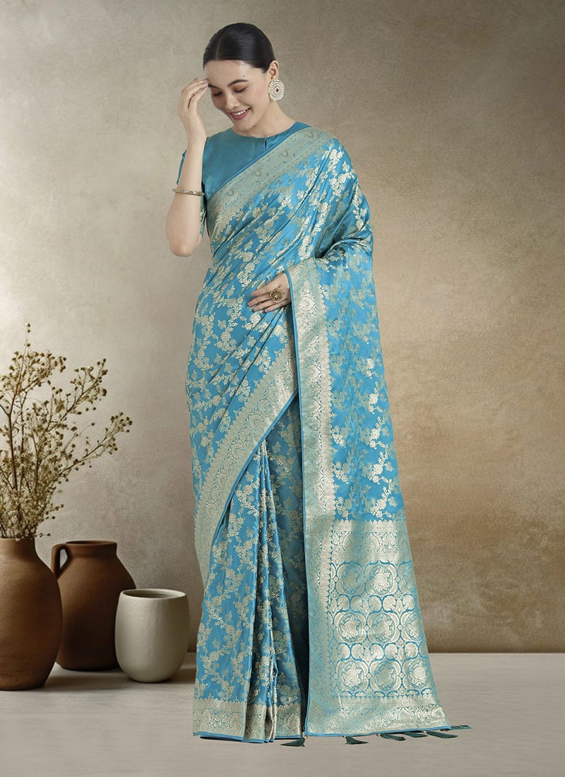 Aqua Blue Banarasi Silk Zari Woven Saree