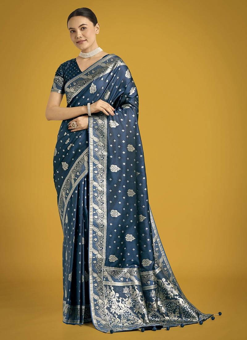Aqua Blue Banarasi Silk Zari Woven Saree Festive Wear