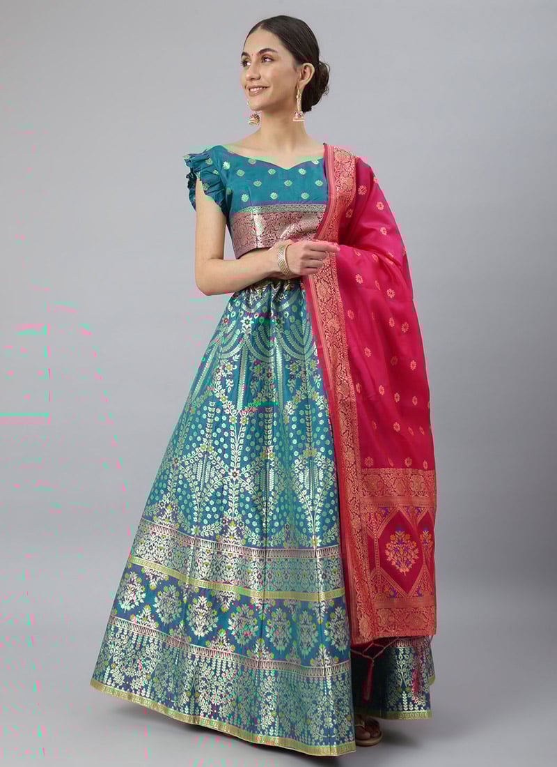 Aqua Blue Benarasi Silk Jacquard Woven Umbrella Lehenga Festive Wear