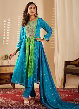 Aqua Blue Chinon Embroidered Sequins Jacquard Mirror Work Straight Pant Suit