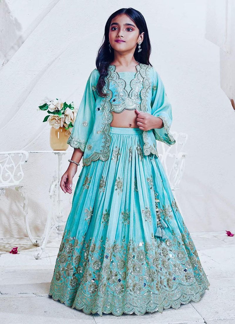 Aqua Blue Chinon Silk Embroidery Lehenga For Kids Girls  Festive Wear