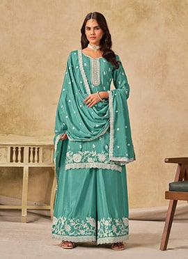 Aqua Blue Chinon Thread Embroidered Palazzo Suit Festive Wear