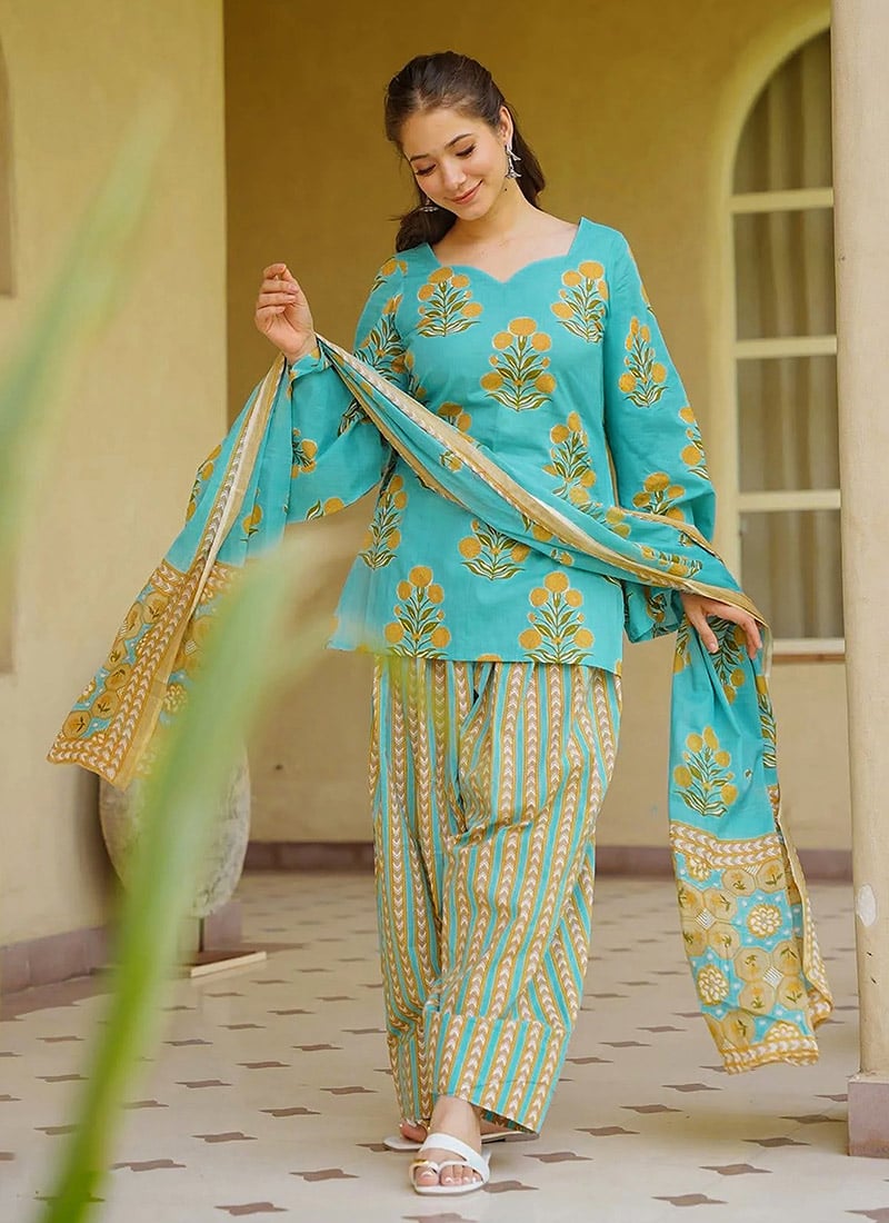 Aqua Blue Cotton Digital Print Farshi Salwar Suit Leisure Wear