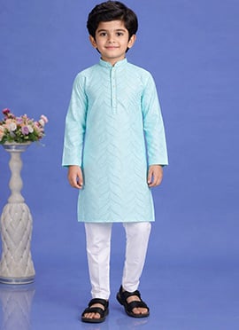 Aqua Blue Cotton Printed Kurta Pyjama Set