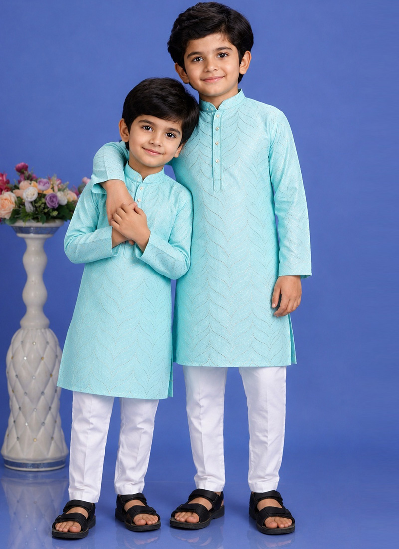 Aqua Blue Cotton Printed Kurta Pyjama Set