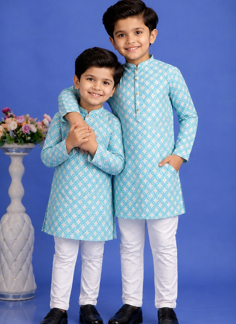 Aqua Blue Cotton Printed Kurta Pyjama Set