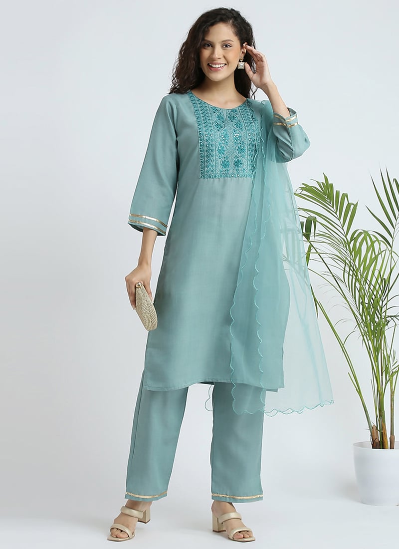 Aqua Blue Cotton Thread Embroidered Straight Pant Suit