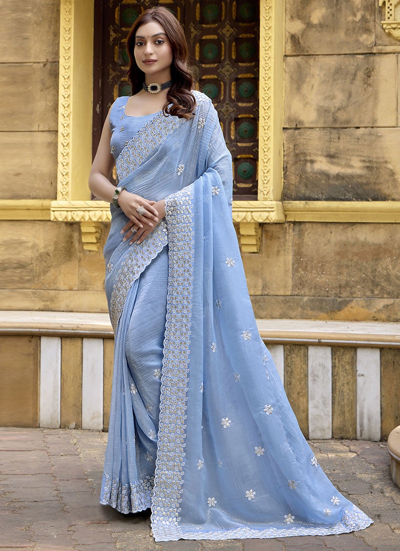 Aqua Blue Crunchy Silk Thread Embroidered Sequins Saree