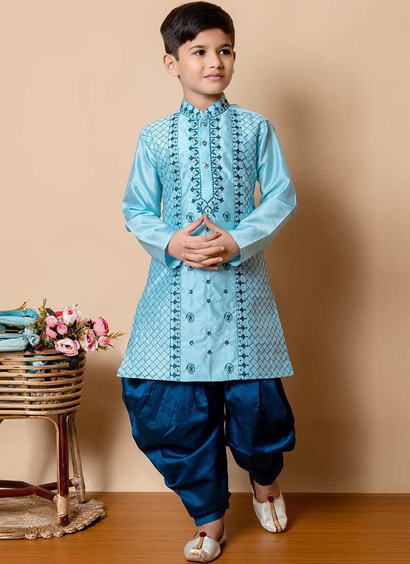 Aqua Blue Embroidered Dupion Silk Kids Dhoti Style Kurta Pyjama Party Wear