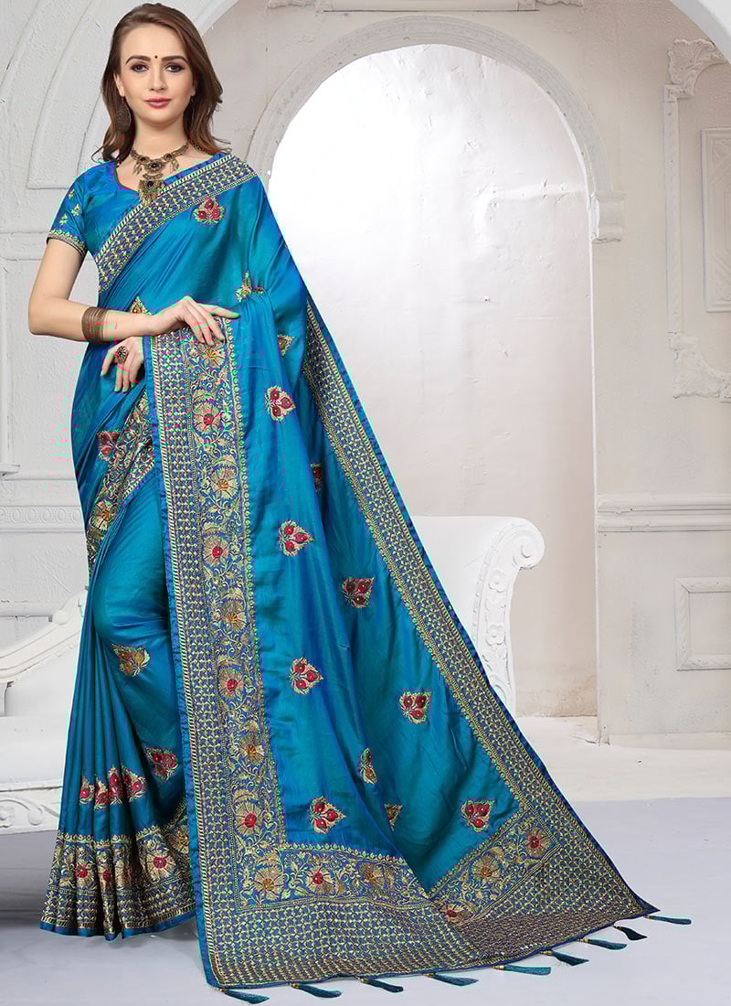 Aqua Blue Embroidered Saree Party Wear