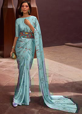 Aqua Blue faux Crepe Digital Print Saree