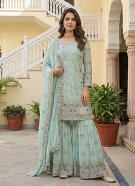 Aqua Blue Faux Georgette Embroidered Sequins Zari Thread Sharara Suit