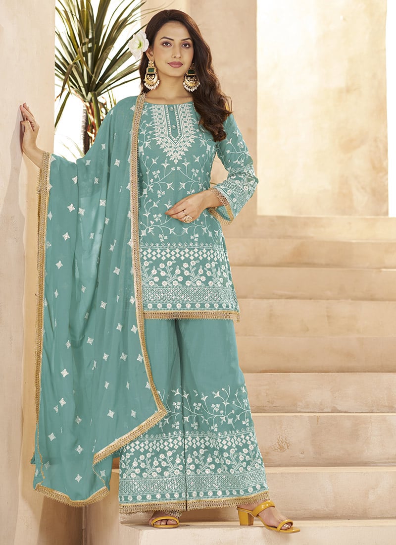 Aqua Blue Georgette Embroidered Sequins Palazzo Suit Festive Wear