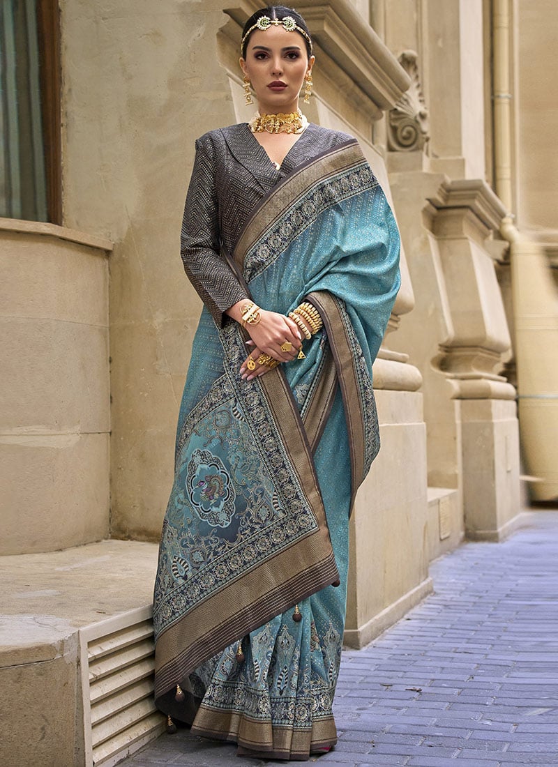 Aqua Blue Green Silk Foil Print Saree Festive Wear