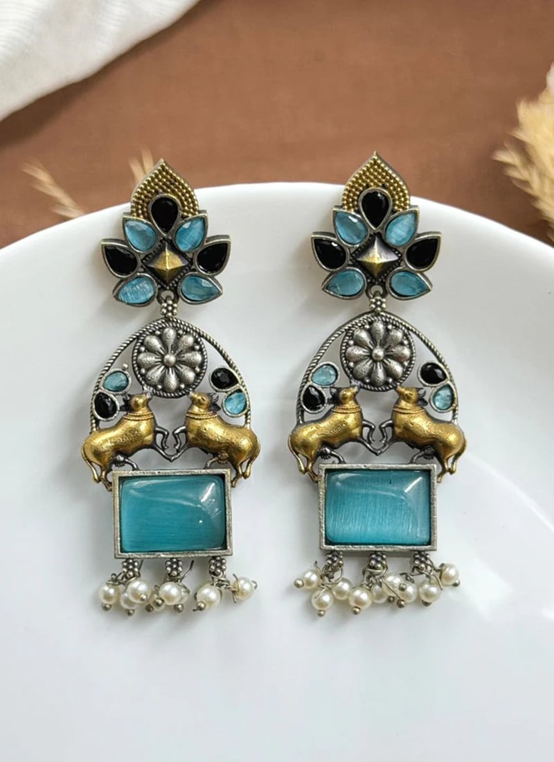 Aqua Blue Kundan Beaded Motif Dangler Earrings Festive Wear