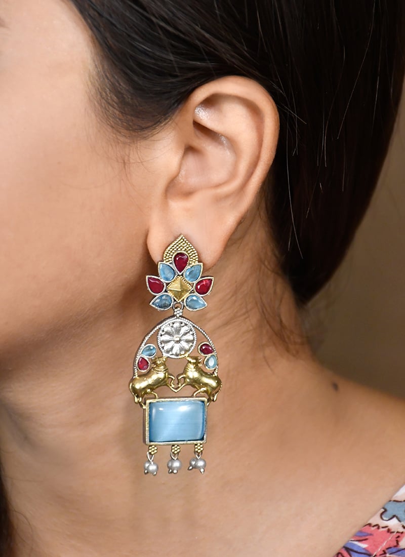 Aqua Blue Kundan Beaded Motif Dangler Earrings Festive Wear