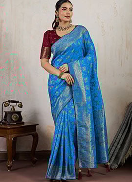Aqua Blue Makhmal Soft Silk Zari Meenakari Work Saree
