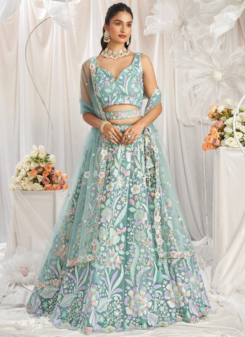 Aqua Blue Net Cord And Cut Work Emboidered Sequins Lehenga Wedding Wear