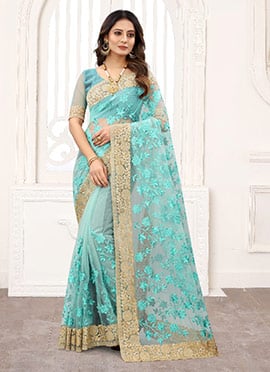 Aqua Blue Net Embroidered and Stones Designer Saree