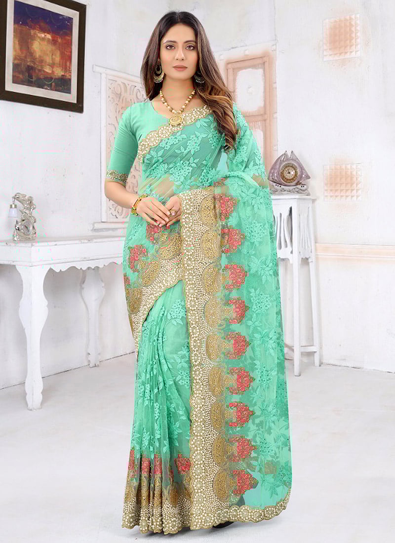 Aqua Blue Net Embroidered Saree